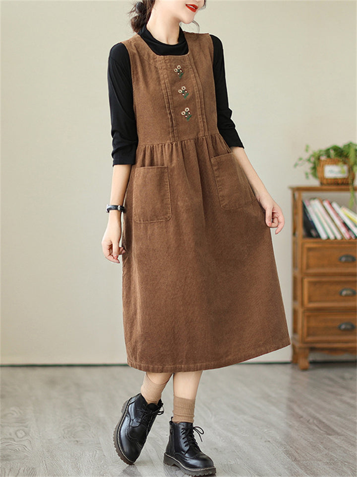 Retro Daisy Embroidery Mid-Length Corduroy Dress