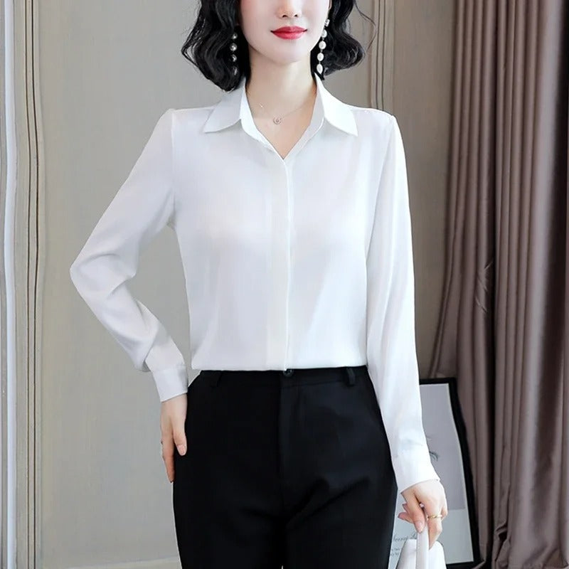 Elegant Satin Long-Sleeve Office Shirt for Women