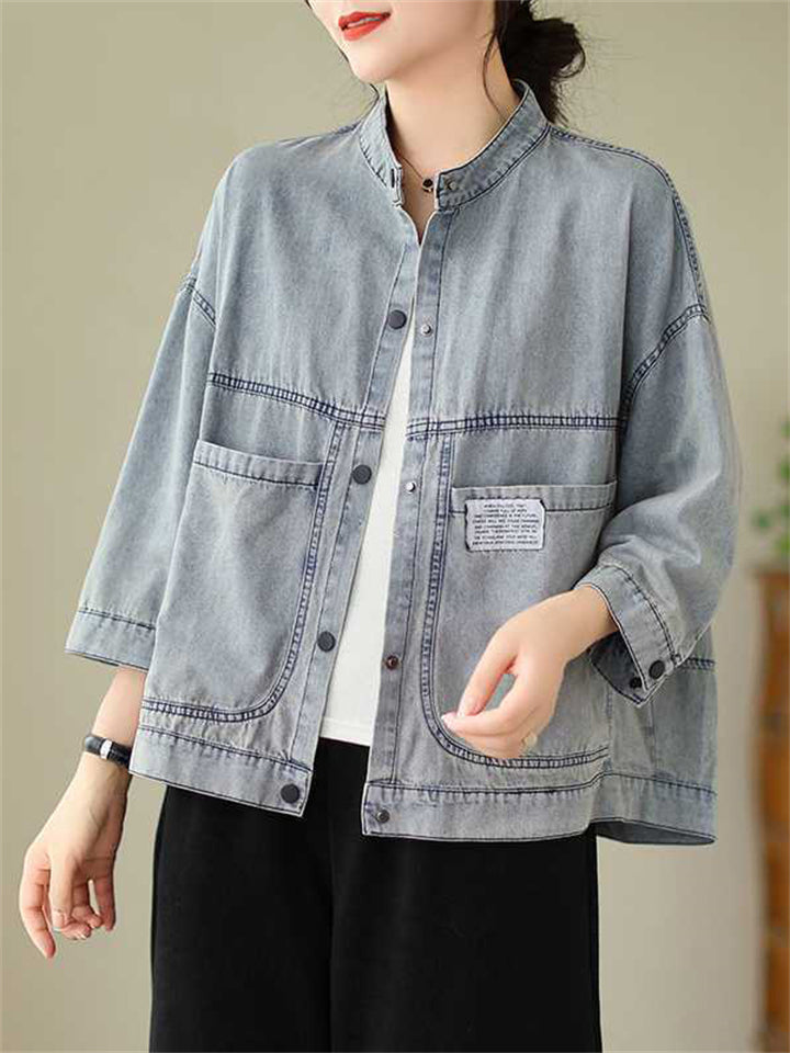 Light Blue Stand Collar Patch Pocket Short Denim Jacket