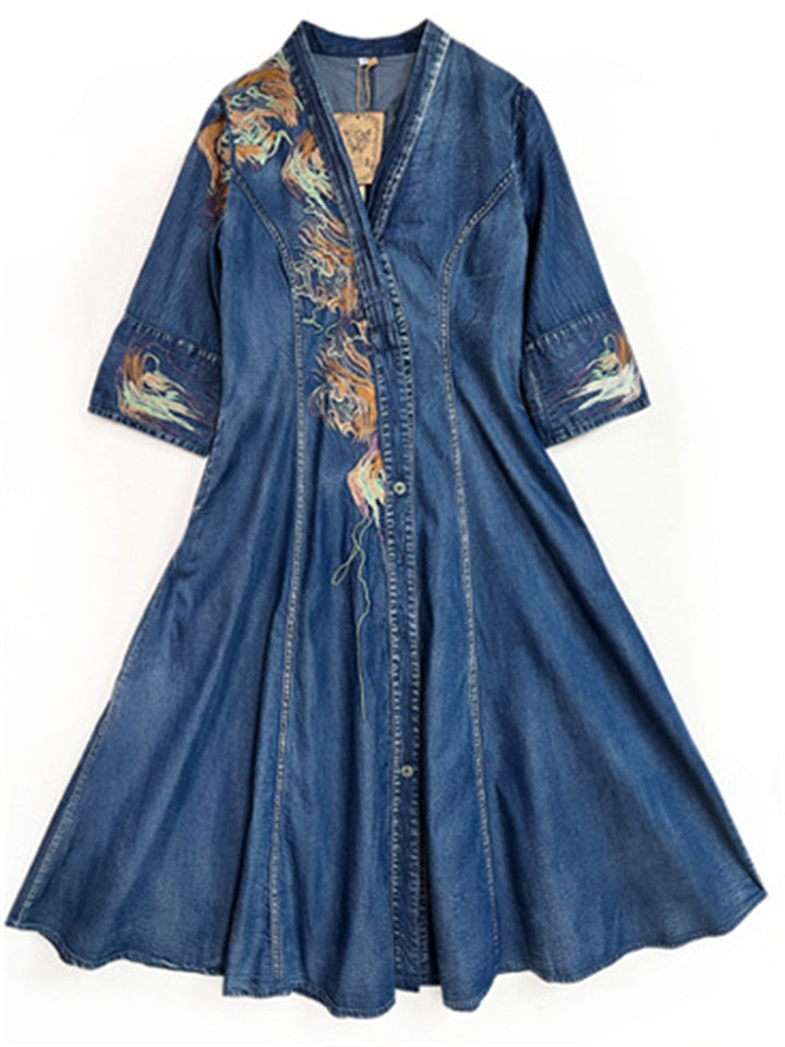 Elegant Embroidery V Neck Button Up Denim Dress