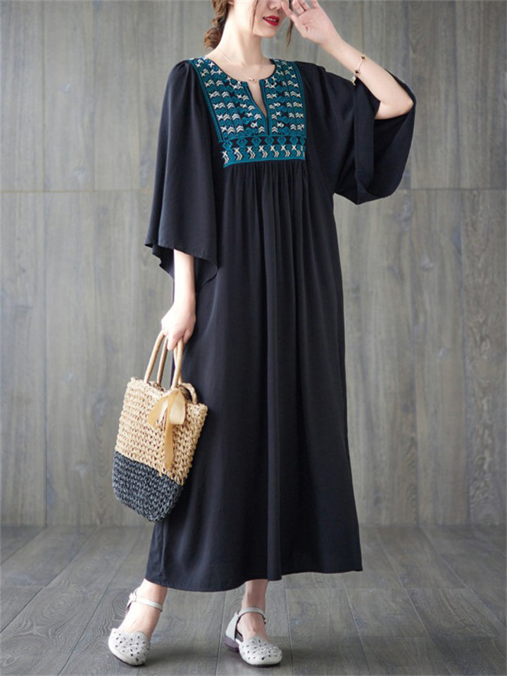 Ethnic Style V Neck Embroidery Ruffle Dress for Women