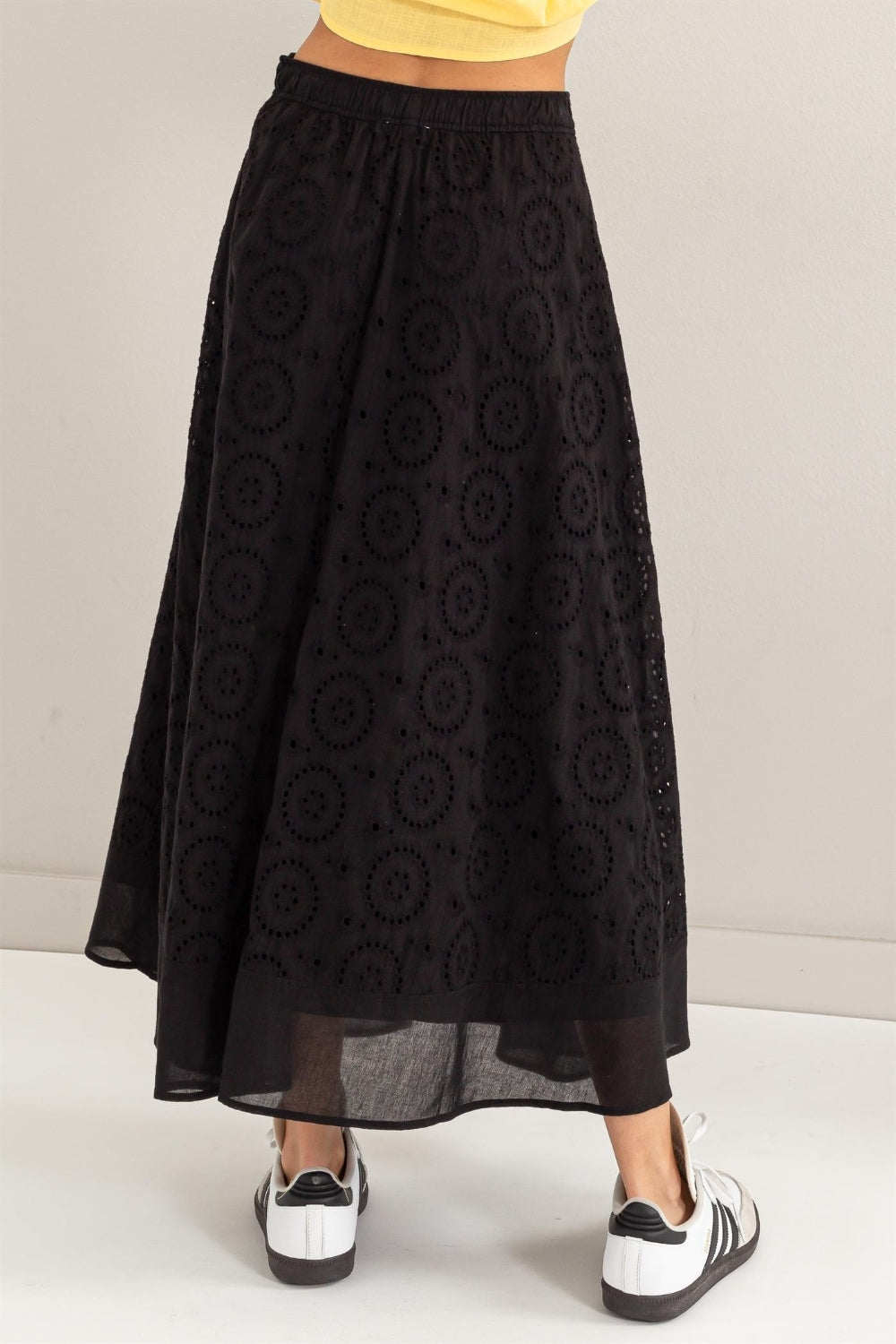 Ivyshape | Eyelet High-Waist Midi Skirt