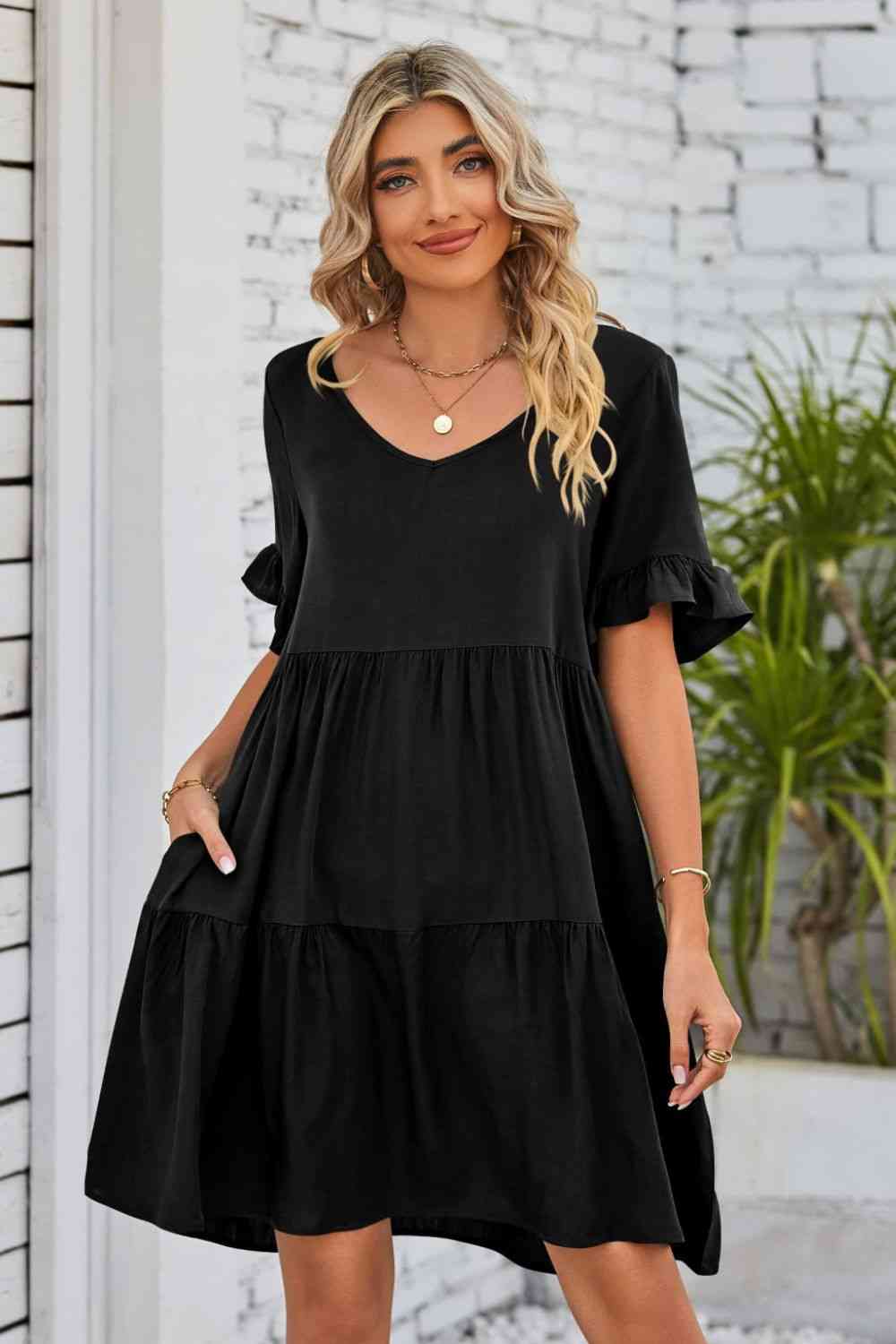 V-Neck Flounce Sleeve Tiered Dress