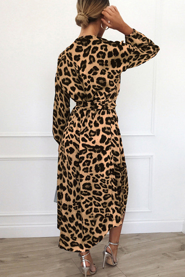 Ivyshape | V-Neck Leopard Print Long-Sleeved Chiffon Dress