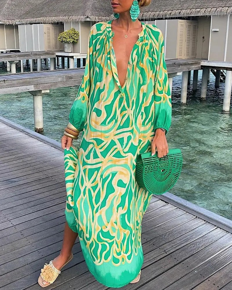 V-Neck Loose Long Sleeve Print Dress