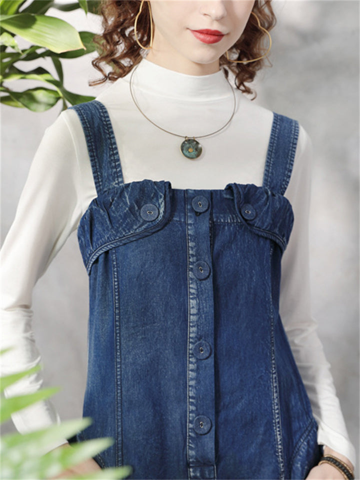 Stylish Blue Denim A-Line Dungaree Dress