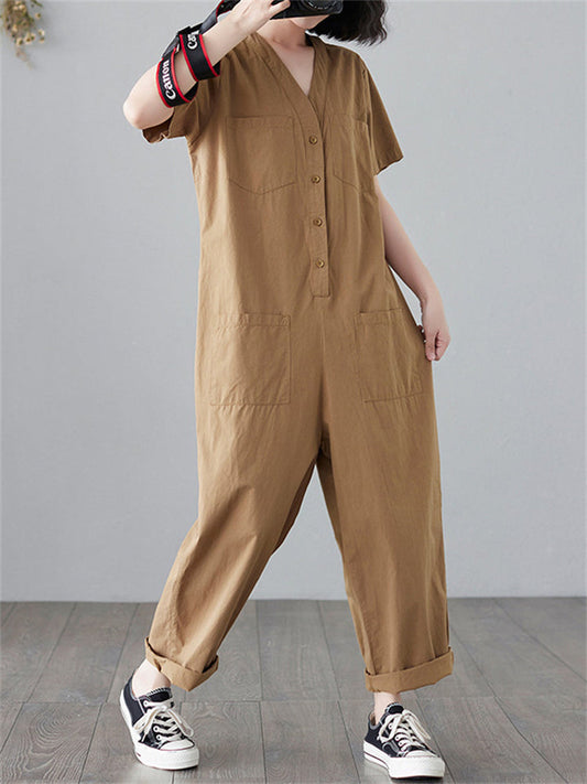 Female Leisure V Neck Multi-Pocket Hard-Wearing Overalls