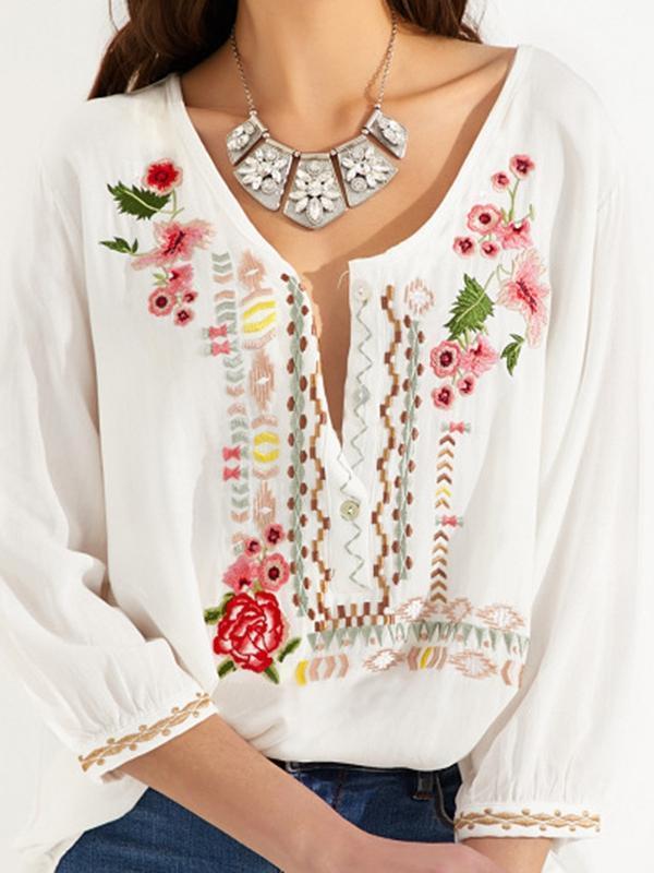 Bohemian Floral Casual V-Neckline Sleeves Peasant Blouses Tops