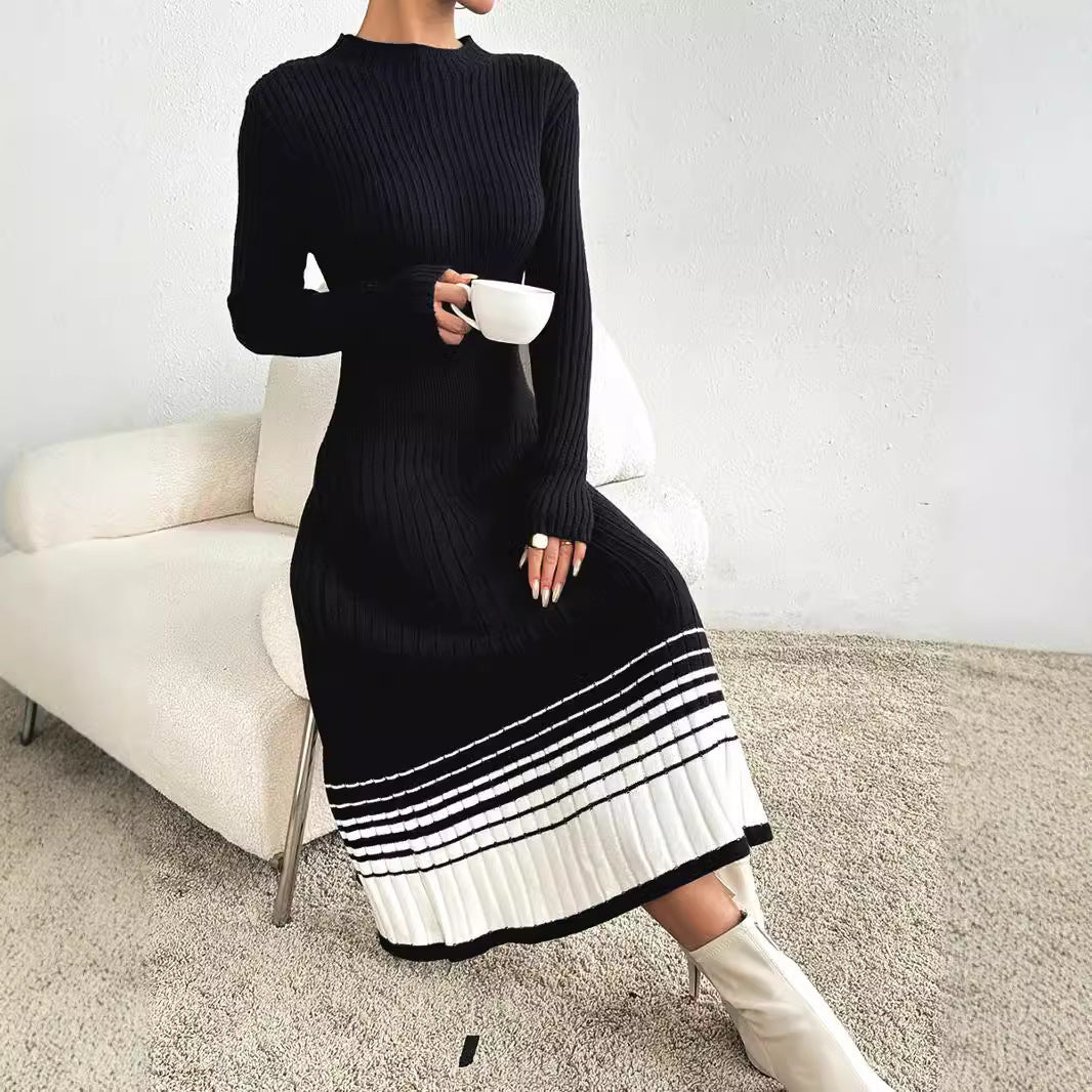 Ivyshape | Woolen Skirt Dress with Black and White Stripes