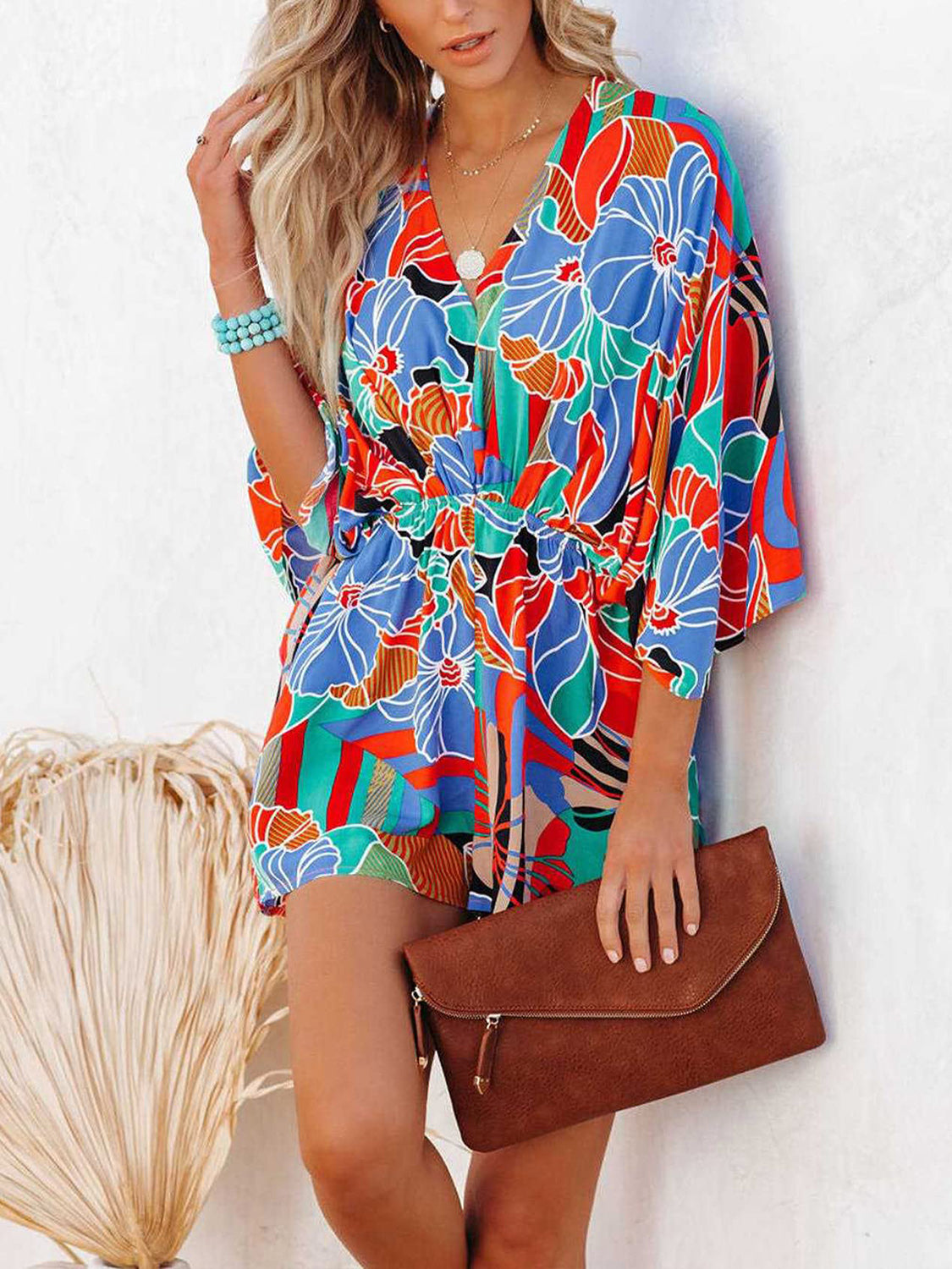 Ivyshape | Tied Printed Kimono Sleeve Romper