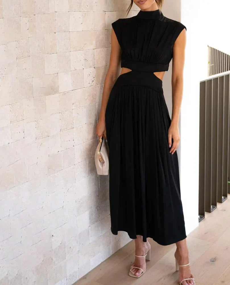 Stand Collar Solid Color Sexy Waist Midi Dress