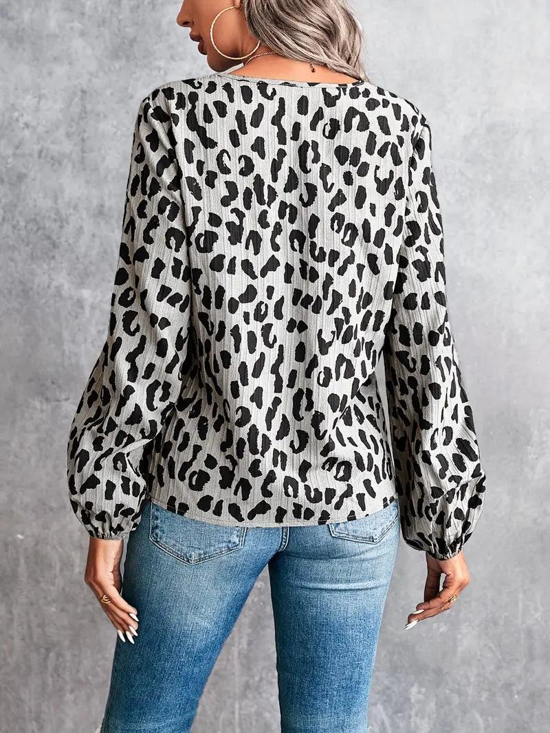 Ivyshape | V-Neck Blouse with Leopard Print for Women