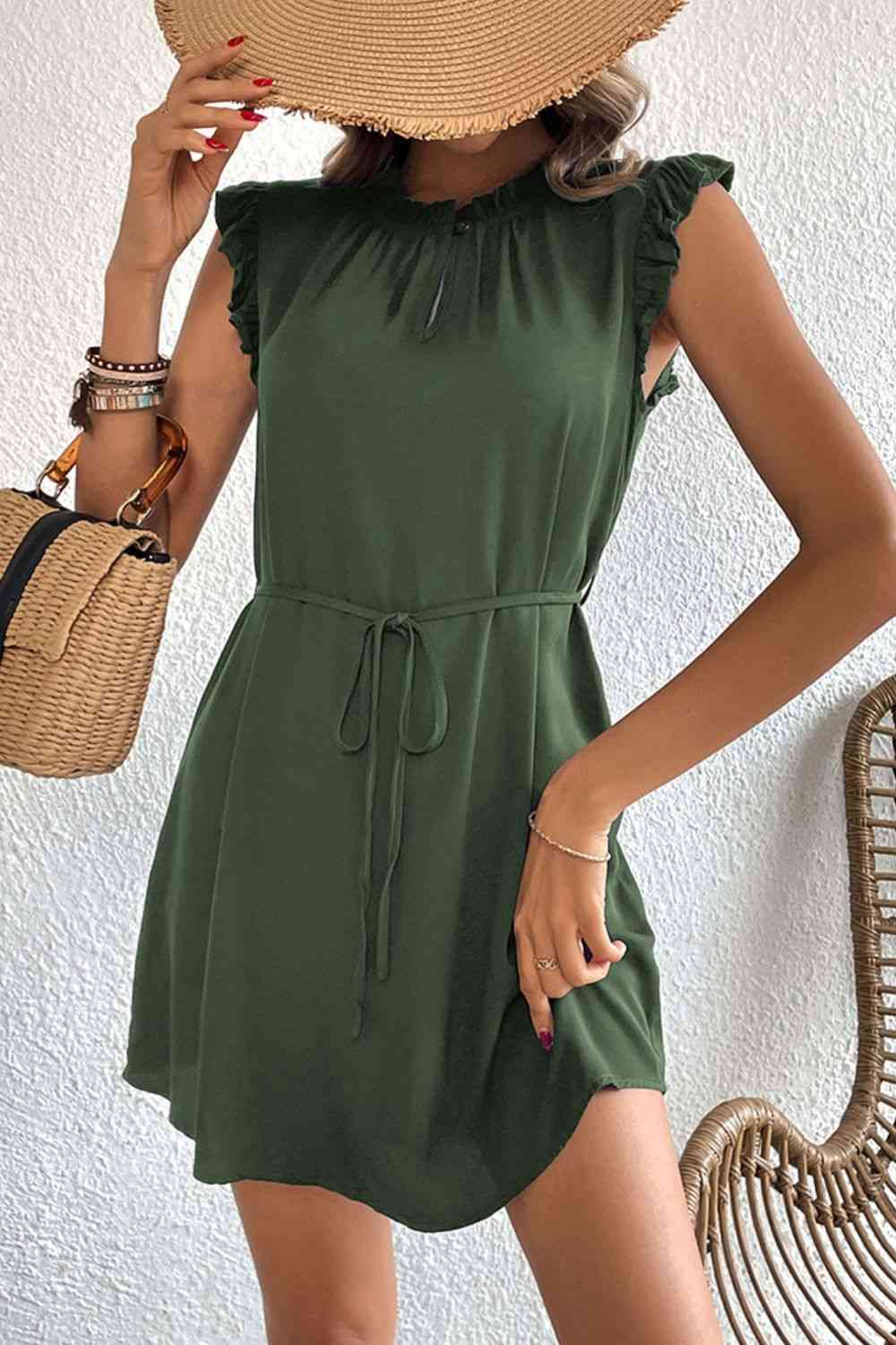 Ruffled Tie-Waist Keyhole Dress