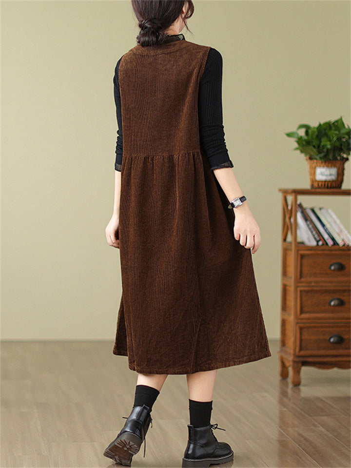 Crew Neck Button Up Sleeveless Mid-Length Dress