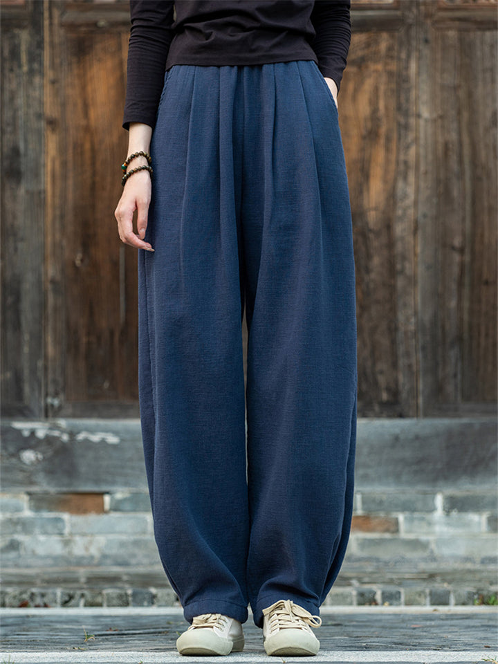 Zen Style Warm Plush Lined Linen Long Pants for Winter