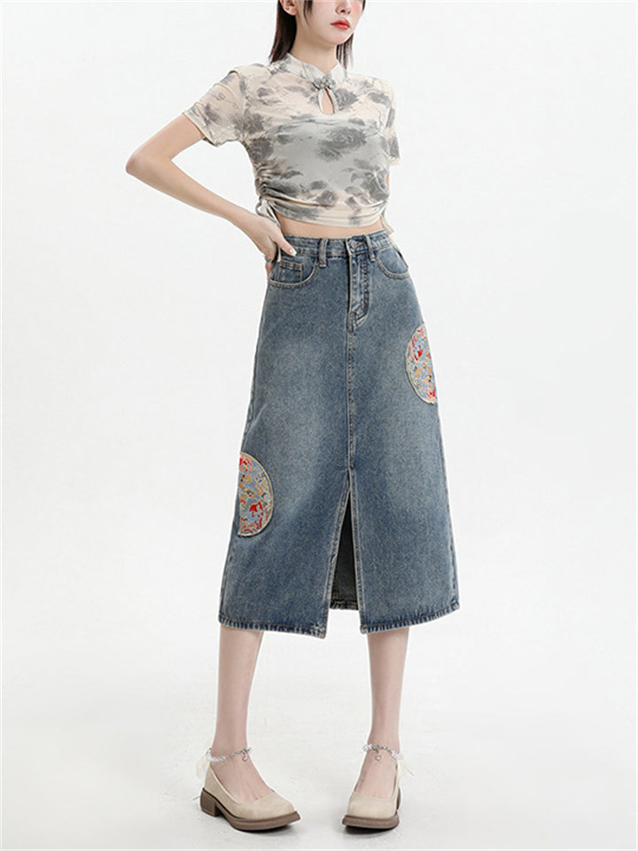 Women's Semicircle Embroidery Front Split Denim Skirts