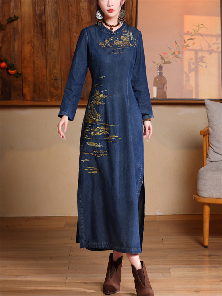 Elegant High-Rise Side Slit Blue Denim Embroidery Qipao