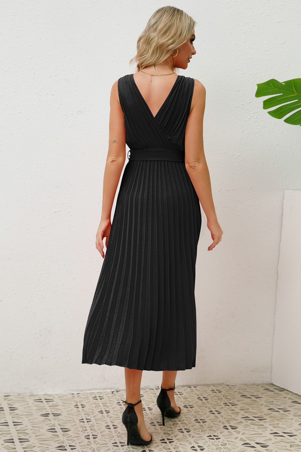 Ivyshape | Surplice Sleeveless Midi Pleated Dress