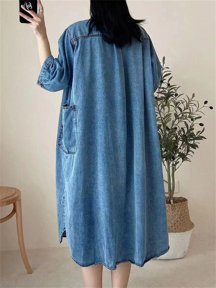 Women's Casual Oversized 3/4 Sleeve Blue Denim Shirt Dress