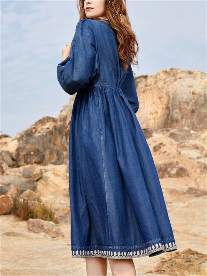 Ethnic Style V Neck Puff Sleeve High-Rise Denim Dress