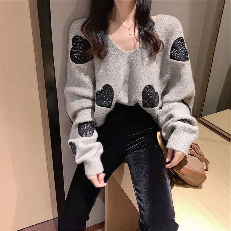 Ivyshape | V-Neck Heart-Shaped Embroidered Sweater Top