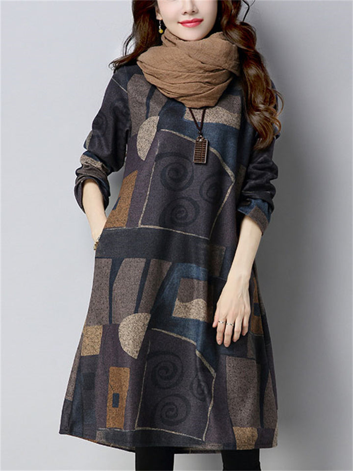 Winter Print Long-Sleeved Knee Length Woolen Dress for Lady