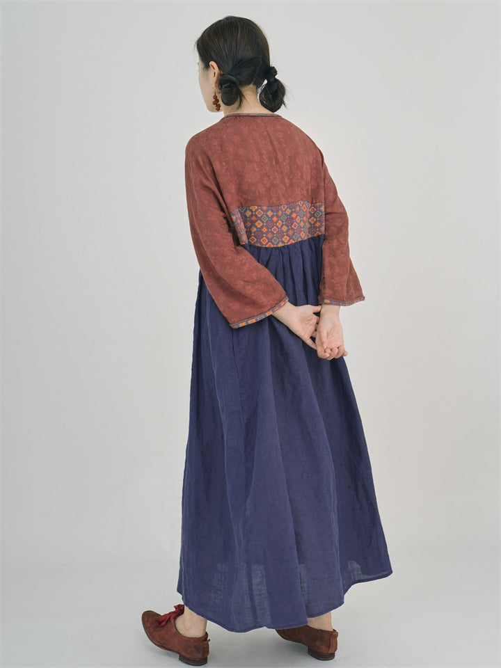 Women's Song Dynasty Hanfu Red & Blue Print Dress with Tassel Button