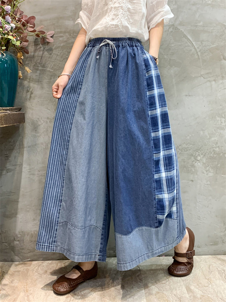 Stylish Plaid Patchwork Drawstring Wide-Leg Jeans