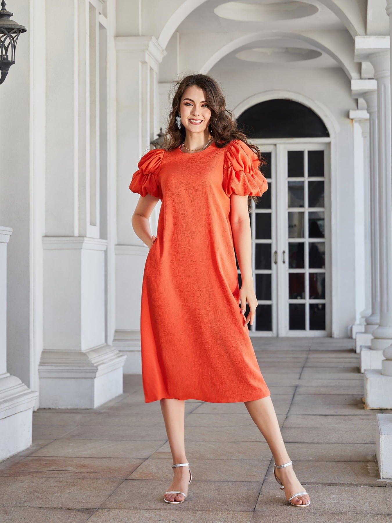 Ivyshape | Round Neck Bubble Sleeve Straight Hem Midi Dress