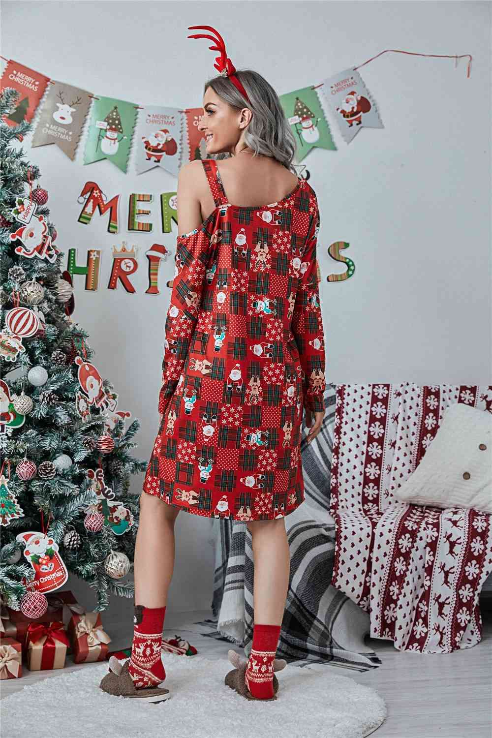 Christmas Asymmetrical Neck Long Sleeve Dress