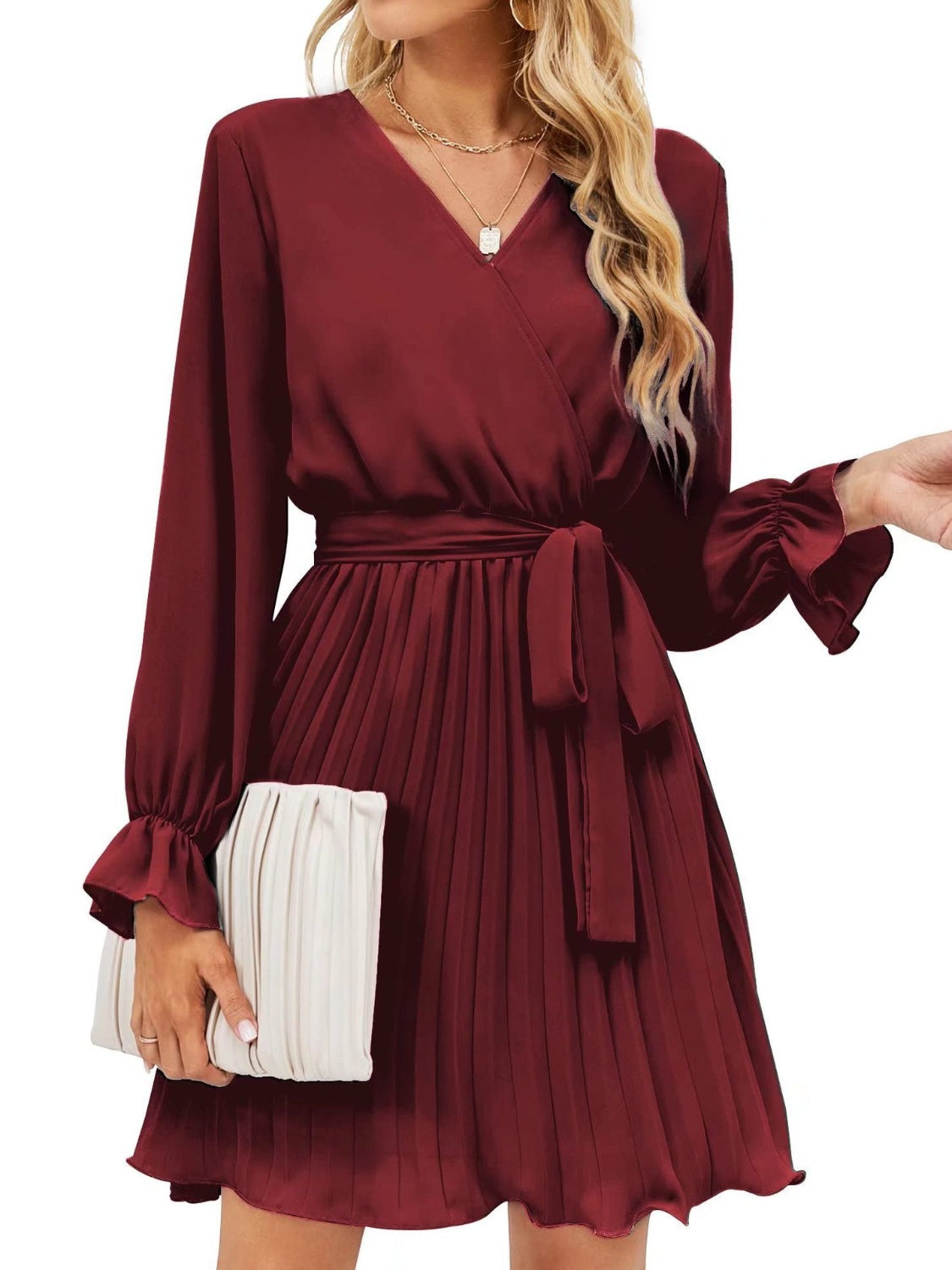 Ivyshape | Surplice Flounce Sleeve Pleated Mini Dress