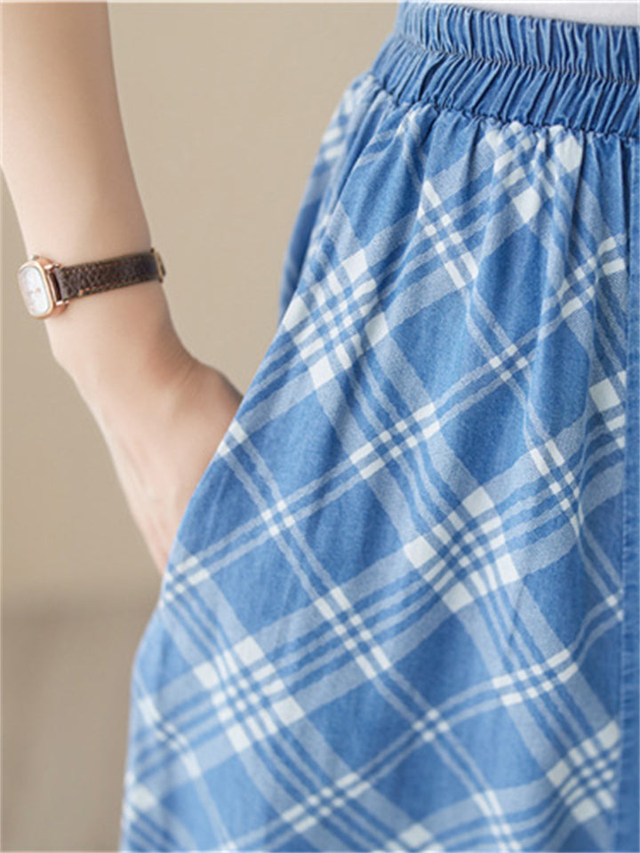 Women's Casual Plaid Patchwork Denim Pleated Skirt