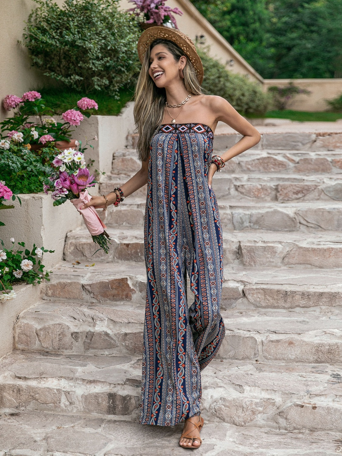 Ivyshape | Tied Printed Tube Wide Leg Jumpsuit