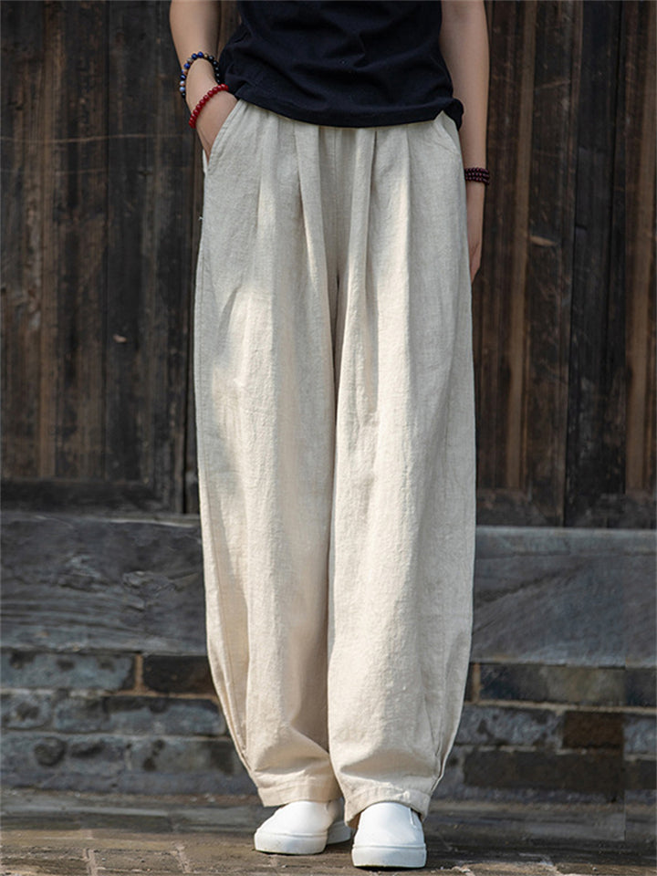 Zen Style Warm Plush Lined Linen Long Pants for Winter