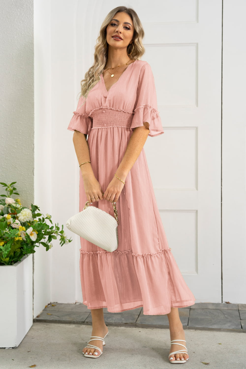 Ivyshape | V-Neck Flounce Sleeve Smocked Waist High Slit Dress