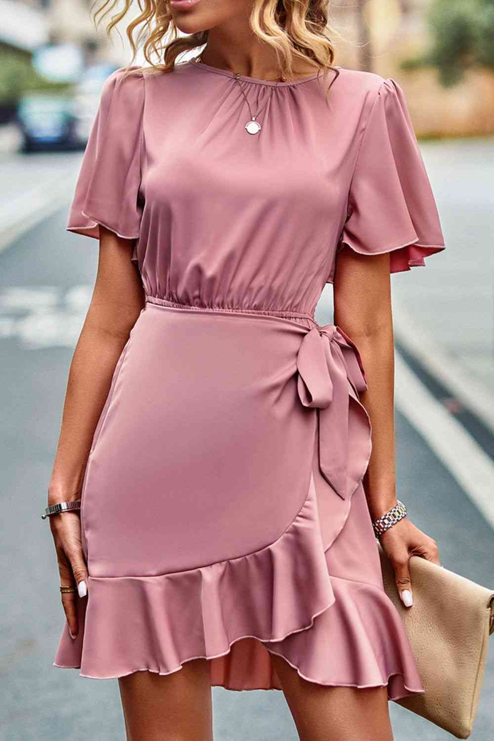 Round Neck Flutter Sleeve Ruffled Dress