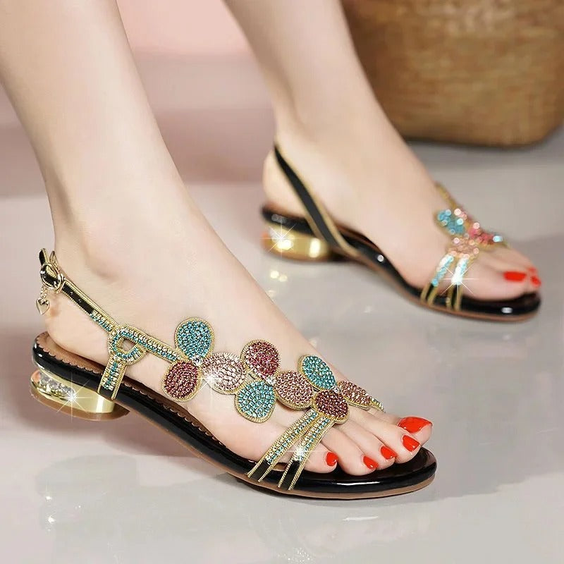 Delicate Rhinestone Low Heel Sandals for Women