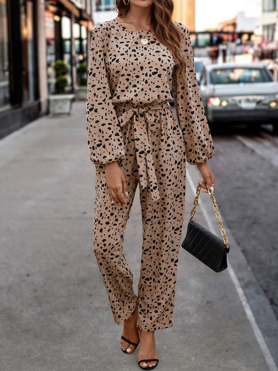 Ivyshape | Leopard Tie Front Balloon Sleeve Jumpsuit