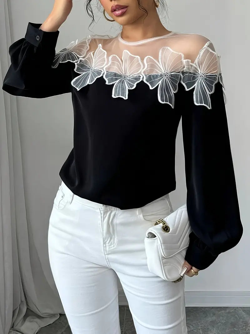 Ivyshape | Stylish Long Sleeve Blouse Made of Mesh Fabric