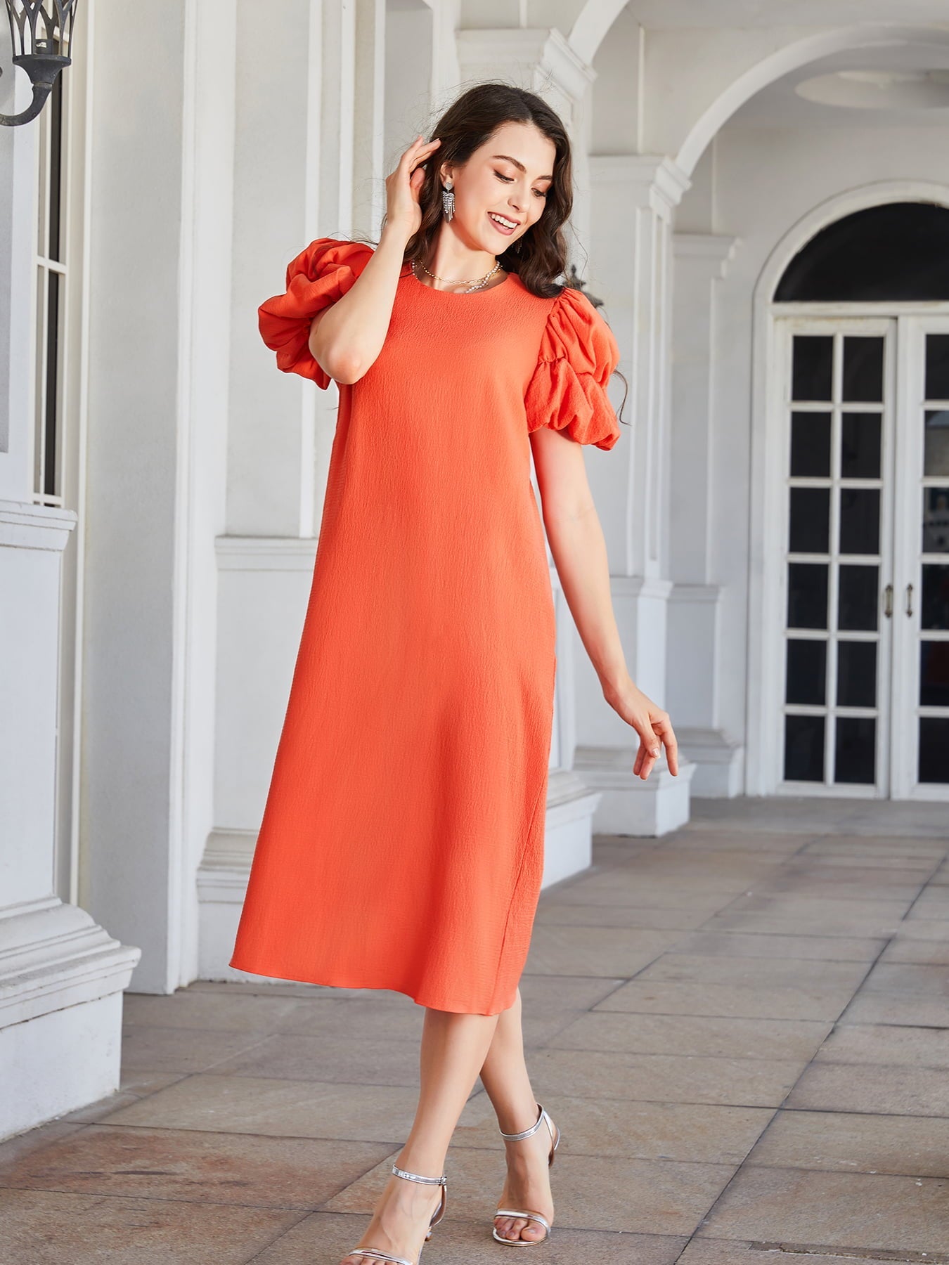 Ivyshape | Round Neck Bubble Sleeve Straight Hem Midi Dress