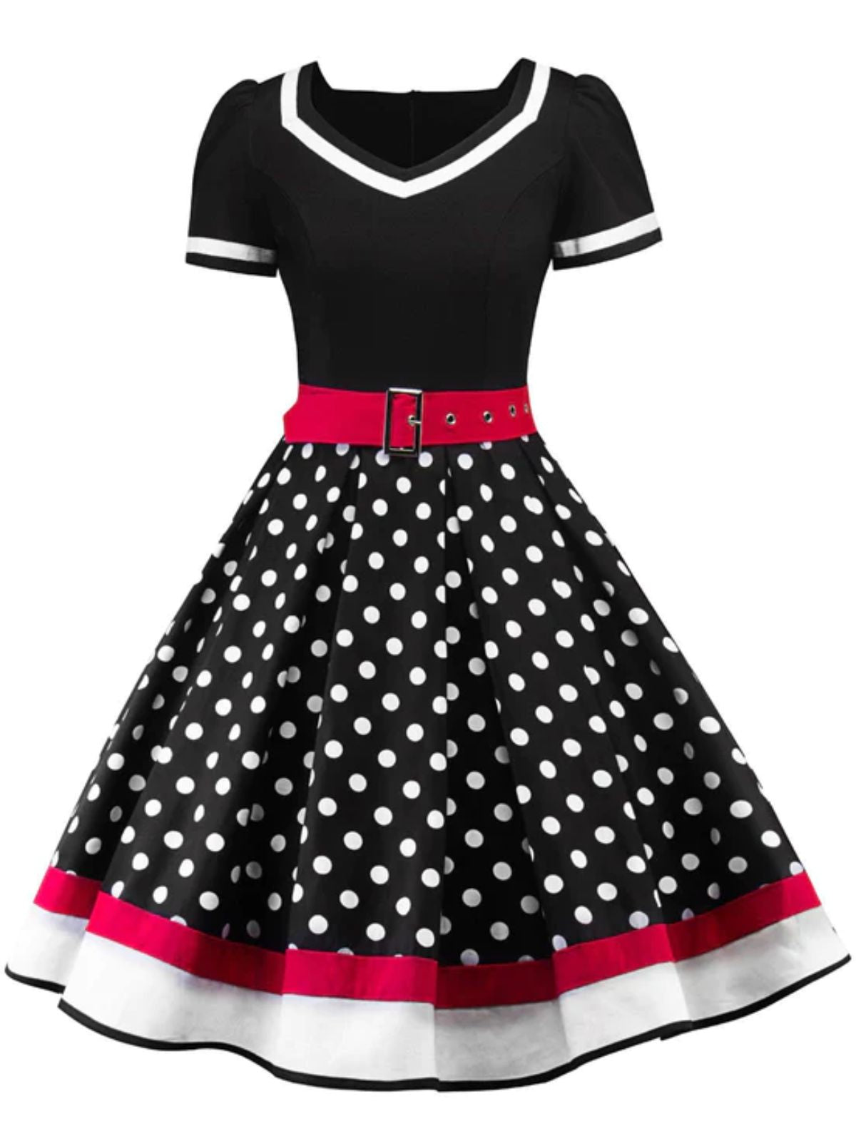 Polka Dot Belted Patchwork Dress