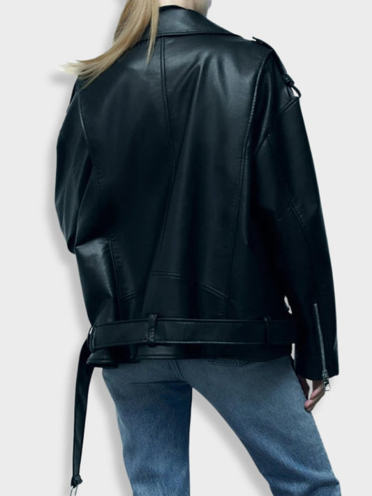 Ivyshape | Black Leather Jacket