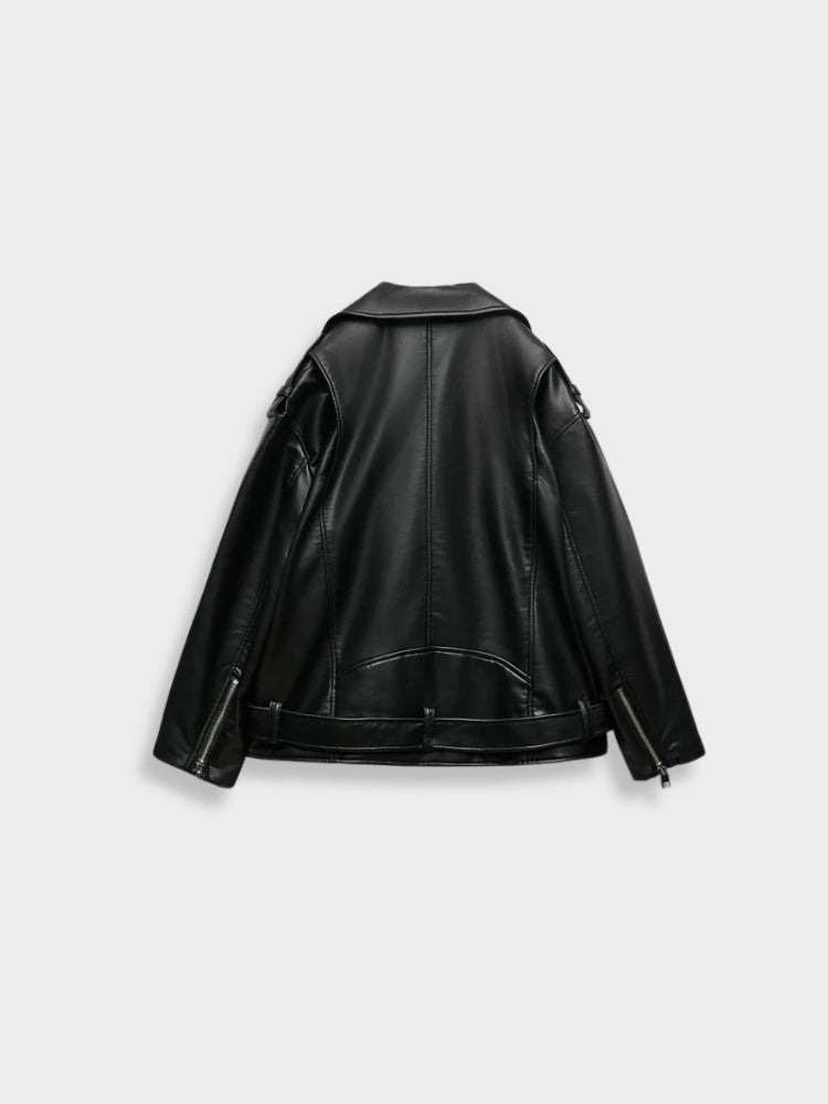 Ivyshape | Black Leather Jacket