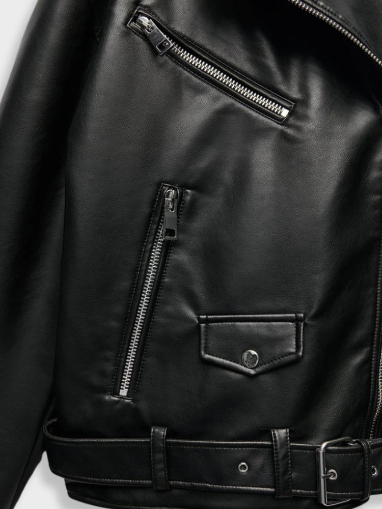 Ivyshape | Black Leather Jacket