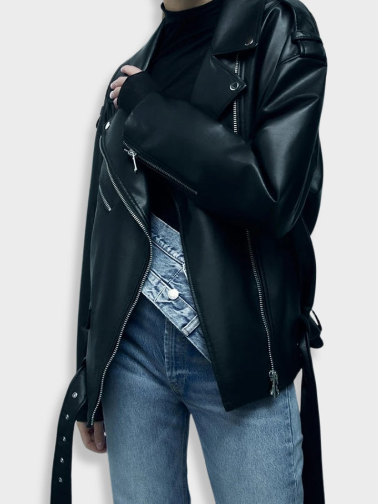 Ivyshape | Black Leather Jacket