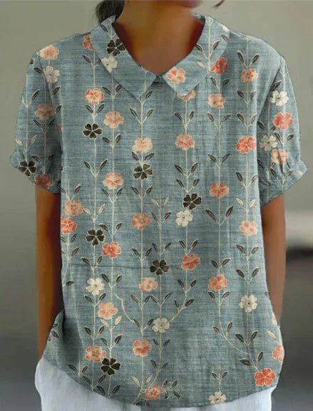 Ivyshape | Flower Print Cotton Linen Blouse