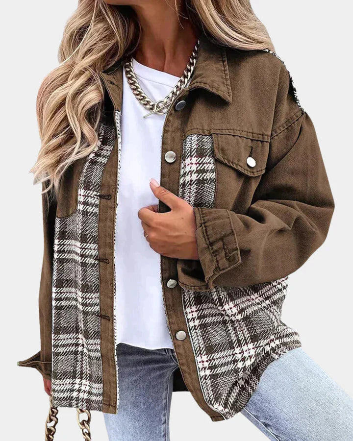 Ivyshape | Women's Plaid Denim Jacket