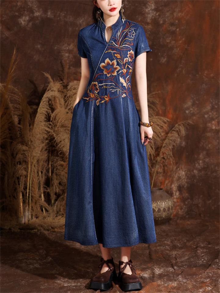 Retro Flower Embroidery Female V Neck Denim Pleated Dress