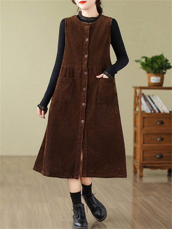 Crew Neck Button Up Sleeveless Mid-Length Dress