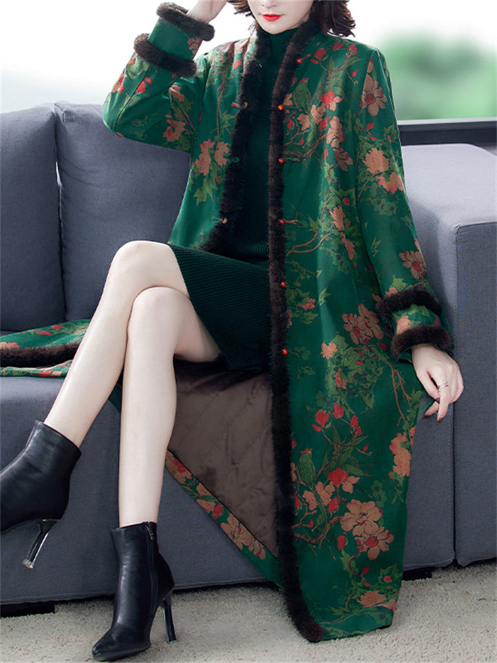 Luxury Faux Fur Stand Collar Button Flower Print Long Coat